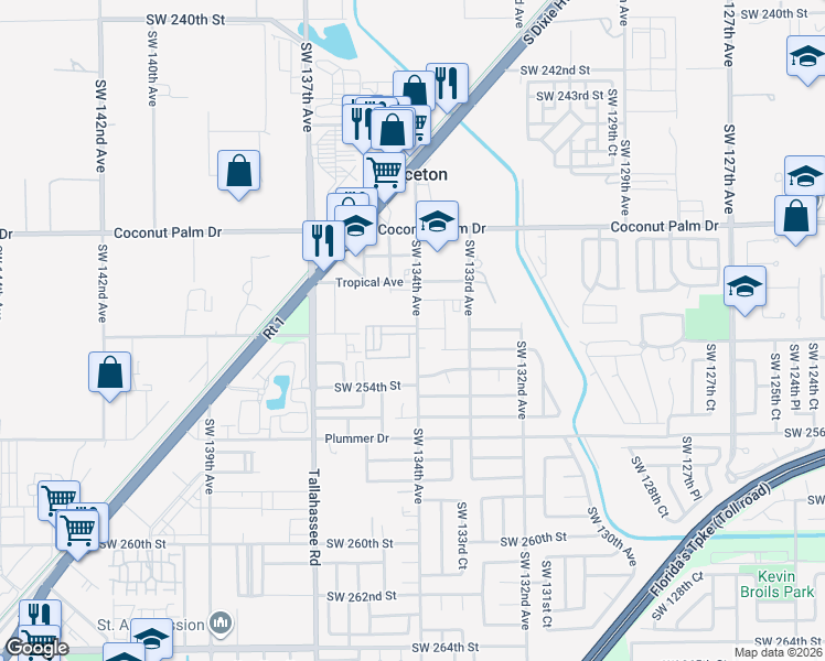 map of restaurants, bars, coffee shops, grocery stores, and more near 25163 Southwest 134th Court in Princeton