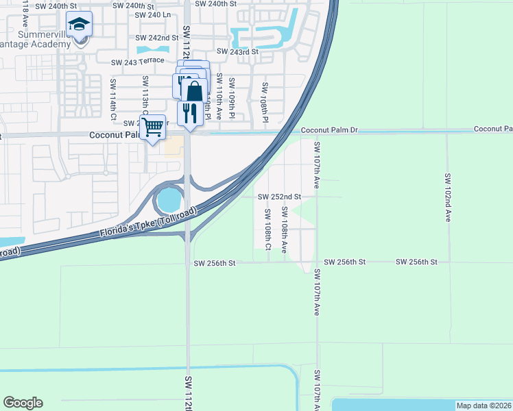 map of restaurants, bars, coffee shops, grocery stores, and more near 25159 Southwest 109th Avenue in Homestead