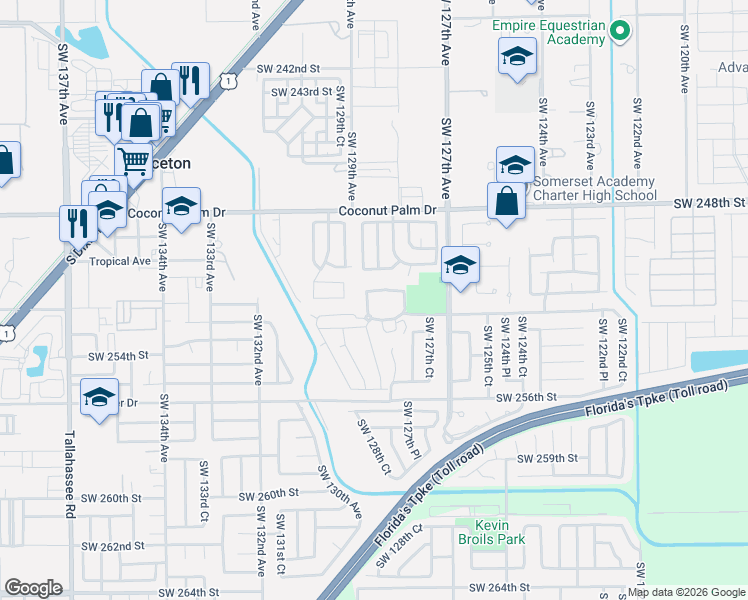 map of restaurants, bars, coffee shops, grocery stores, and more near 12801 Southwest 252nd Street in Princeton