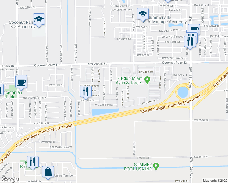map of restaurants, bars, coffee shops, grocery stores, and more near 11850 Southwest 252nd Terrace in Homestead