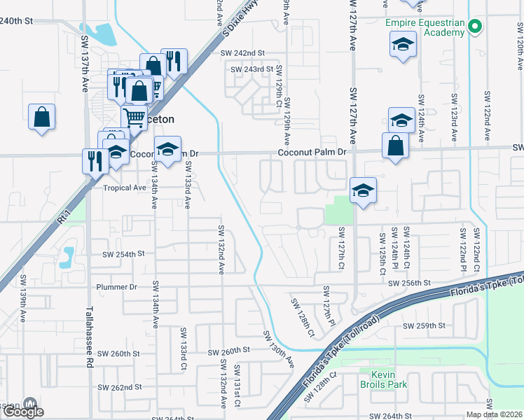 map of restaurants, bars, coffee shops, grocery stores, and more near 12958 Southwest 251st Terrace in Homestead