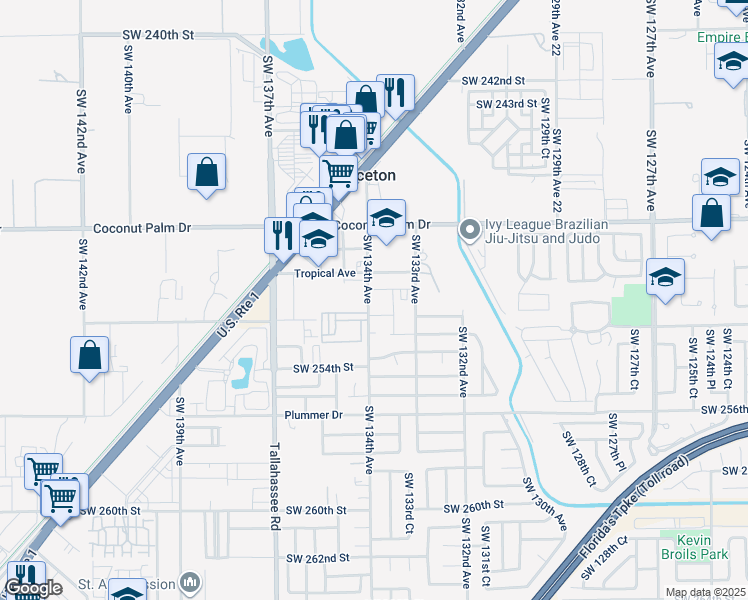 map of restaurants, bars, coffee shops, grocery stores, and more near 25163 Southwest 134th Court in Princeton