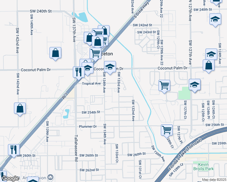 map of restaurants, bars, coffee shops, grocery stores, and more near 25197 Southwest 133rd Place in Homestead