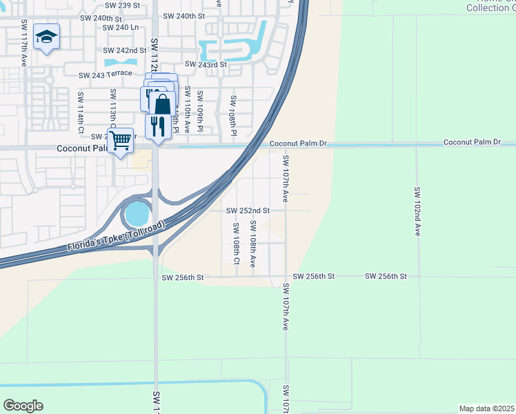 map of restaurants, bars, coffee shops, grocery stores, and more near 25313 Southwest 108th Avenue in Homestead