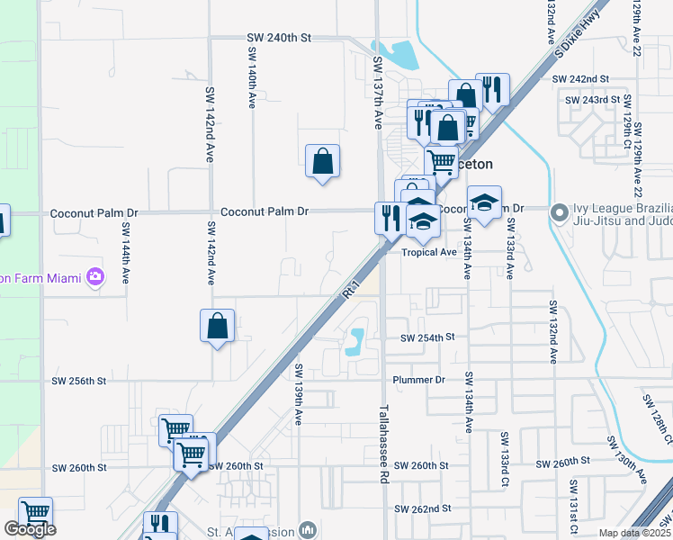map of restaurants, bars, coffee shops, grocery stores, and more near 13841 Southwest 252nd Street in Homestead