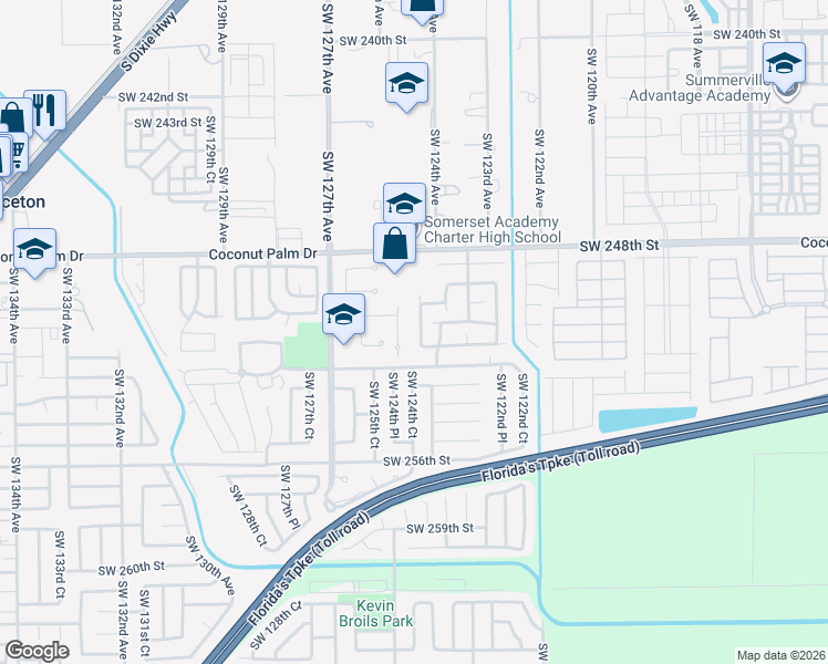 map of restaurants, bars, coffee shops, grocery stores, and more near 12421 Southwest 251st Street in Homestead