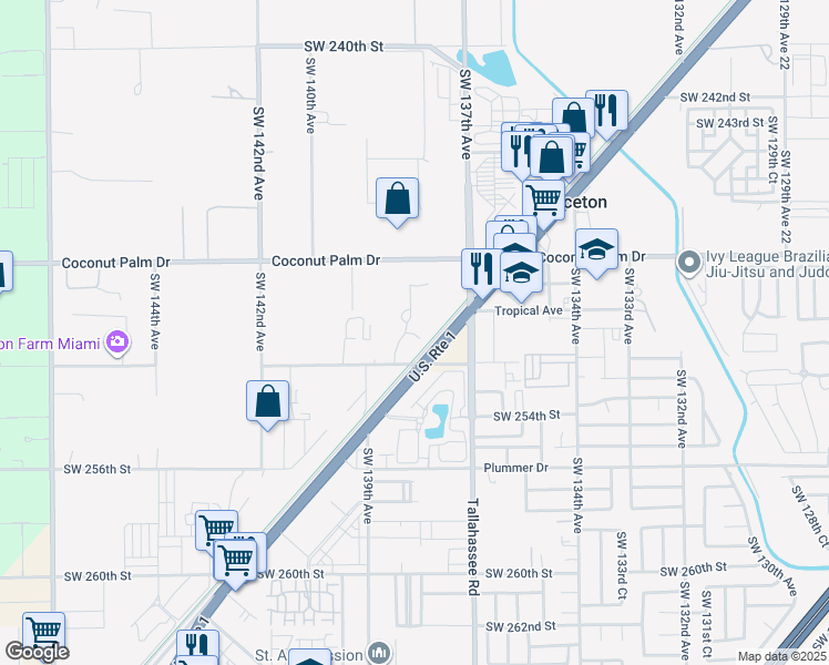 map of restaurants, bars, coffee shops, grocery stores, and more near 13841 Southwest 252nd Street in Homestead