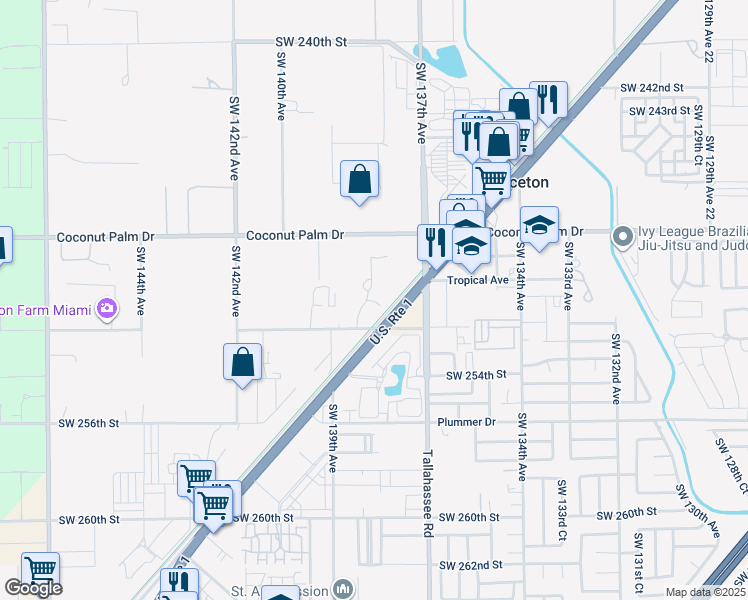 map of restaurants, bars, coffee shops, grocery stores, and more near 13841 Southwest 252nd Street in Homestead