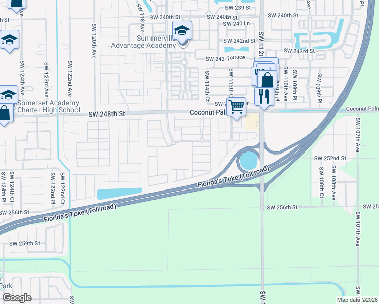map of restaurants, bars, coffee shops, grocery stores, and more near 11457 Southwest 250th Street in Homestead