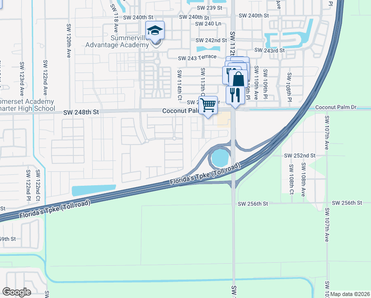 map of restaurants, bars, coffee shops, grocery stores, and more near 25050 Southwest 114th Avenue in Princeton
