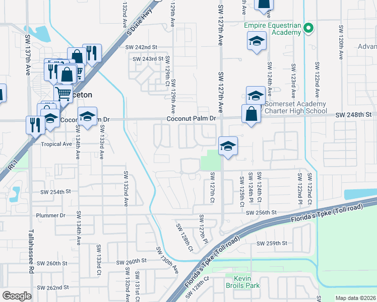 map of restaurants, bars, coffee shops, grocery stores, and more near 12850 Southwest 250th Terrace in Homestead
