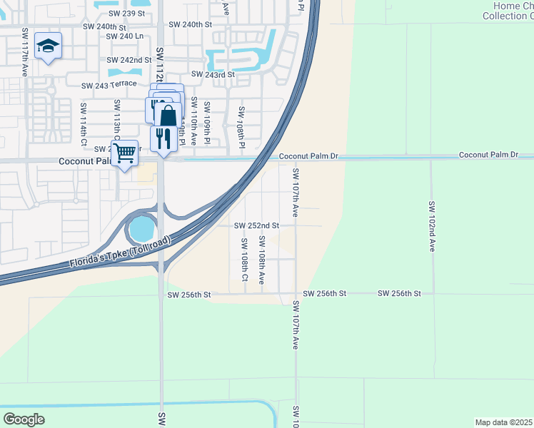map of restaurants, bars, coffee shops, grocery stores, and more near 25089 Southwest 108th Avenue in Homestead