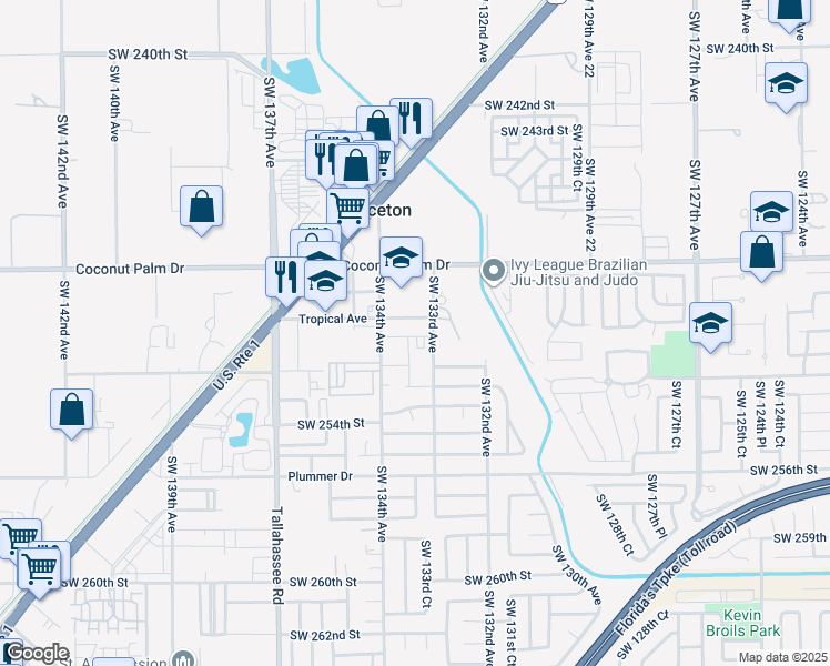 map of restaurants, bars, coffee shops, grocery stores, and more near 13357 Southwest 250th Terrace in Princeton