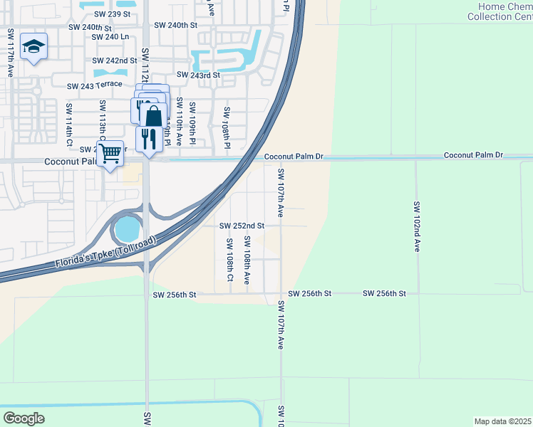 map of restaurants, bars, coffee shops, grocery stores, and more near 25089 Southwest 108th Avenue in Homestead