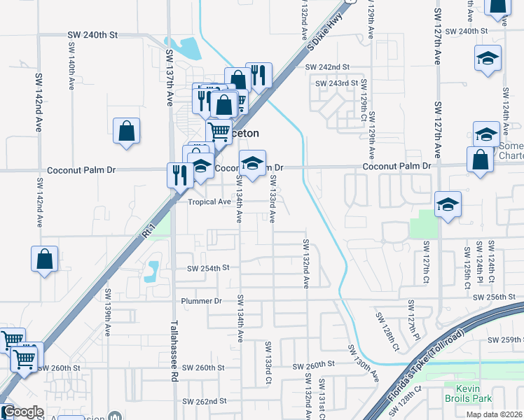 map of restaurants, bars, coffee shops, grocery stores, and more near 13357 Southwest 250th Terrace in Princeton