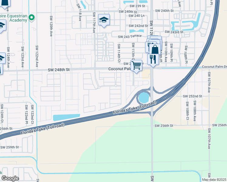 map of restaurants, bars, coffee shops, grocery stores, and more near 11457 Southwest 250th Street in Homestead