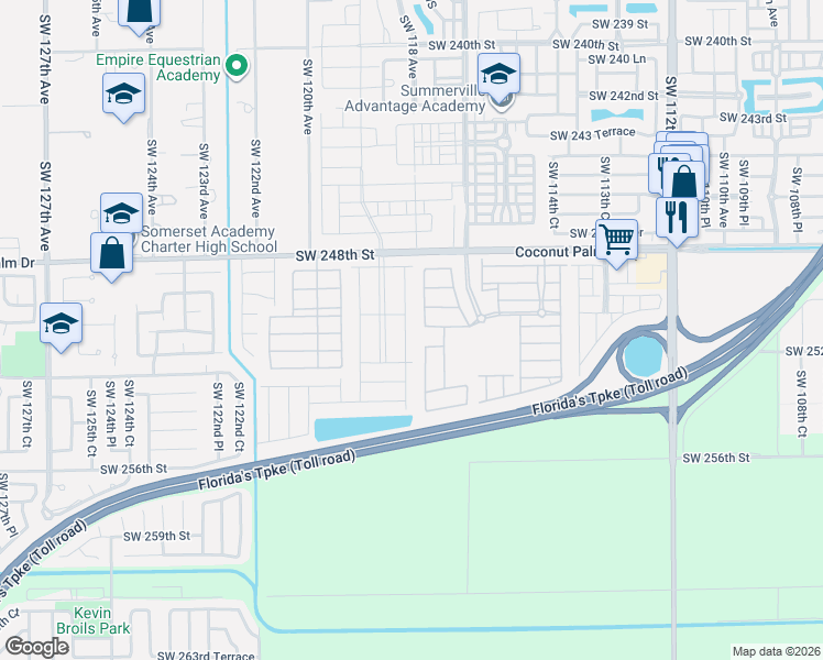 map of restaurants, bars, coffee shops, grocery stores, and more near 25076 Southwest 118th Avenue in Homestead