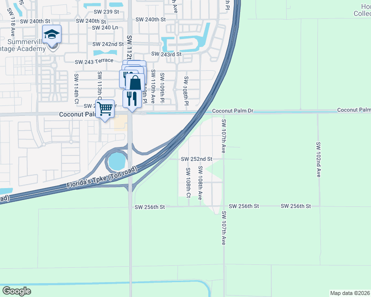 map of restaurants, bars, coffee shops, grocery stores, and more near 25108 Southwest 108th Court in Homestead