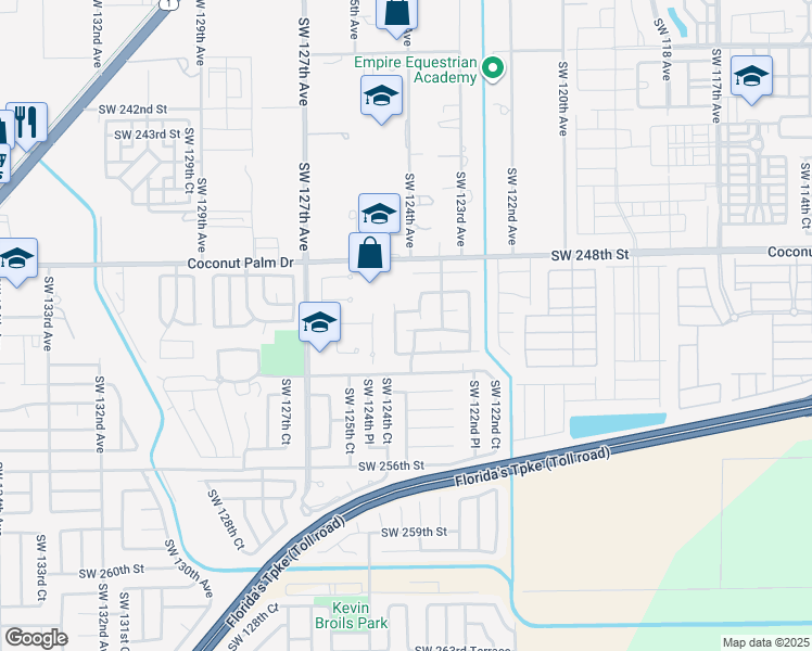 map of restaurants, bars, coffee shops, grocery stores, and more near 12421 Southwest 251st Street in Homestead