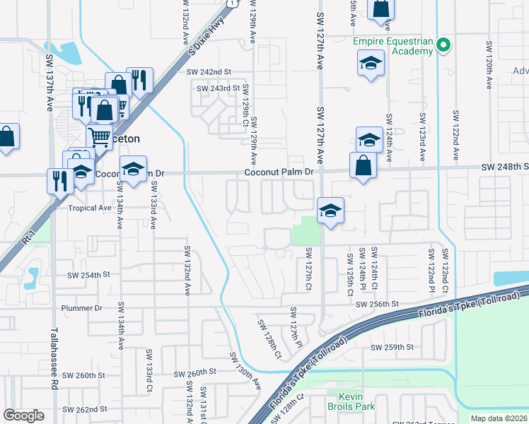 map of restaurants, bars, coffee shops, grocery stores, and more near 25031 SW 128th Path in Homestead