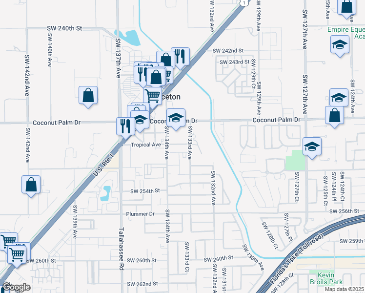 map of restaurants, bars, coffee shops, grocery stores, and more near 13357 Southwest 250th Terrace in Princeton