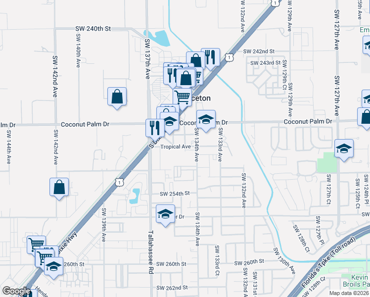 map of restaurants, bars, coffee shops, grocery stores, and more near 25000 Southwest 134th Avenue in Homestead