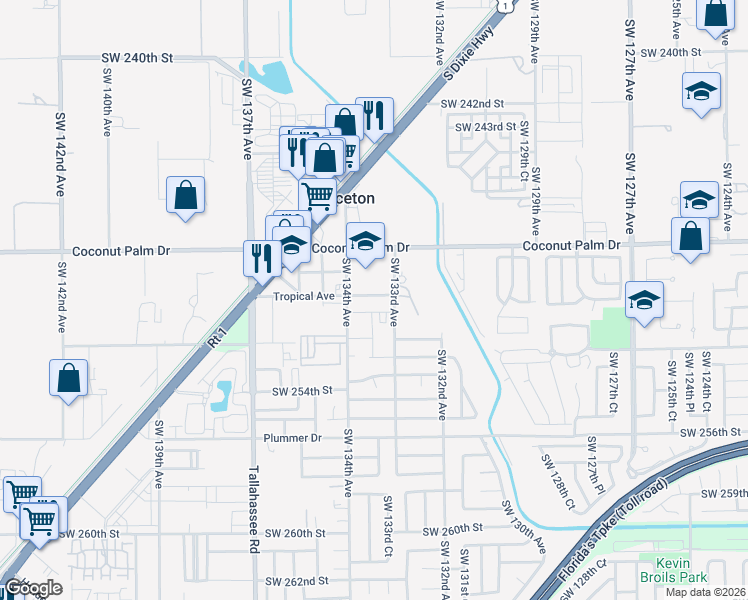 map of restaurants, bars, coffee shops, grocery stores, and more near 13357 Southwest 250th Terrace in Princeton