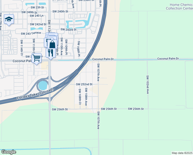 map of restaurants, bars, coffee shops, grocery stores, and more near 25084 Southwest 107th Avenue in Homestead