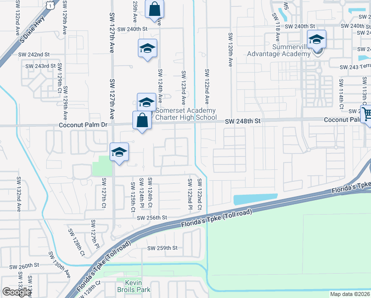 map of restaurants, bars, coffee shops, grocery stores, and more near 25071 Southwest 122nd Court in Homestead