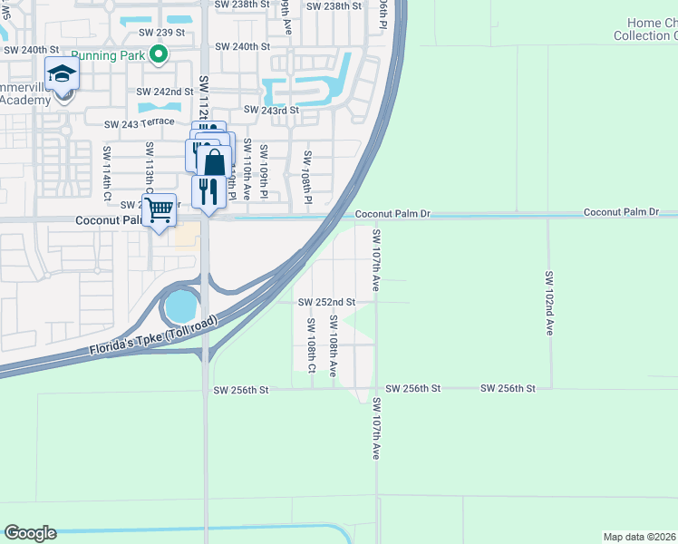 map of restaurants, bars, coffee shops, grocery stores, and more near 25089 Southwest 108th Avenue in Homestead