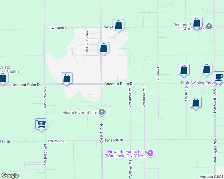 map of restaurants, bars, coffee shops, grocery stores, and more near 19660 Southwest 248th Street in Homestead