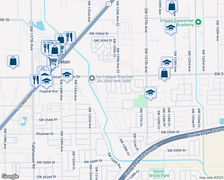 map of restaurants, bars, coffee shops, grocery stores, and more near 12968 Southwest 250th Terrace in Homestead