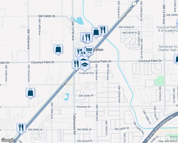 map of restaurants, bars, coffee shops, grocery stores, and more near 24945 Southwest 135th Avenue in Homestead