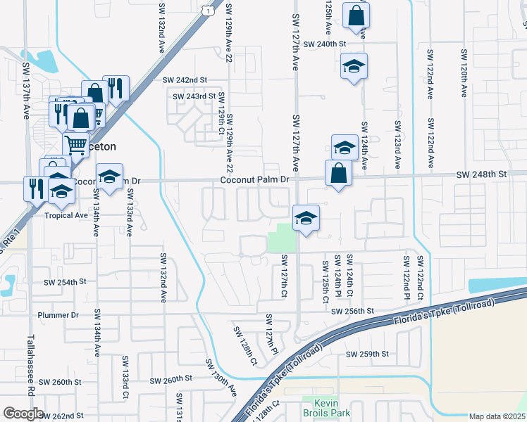 map of restaurants, bars, coffee shops, grocery stores, and more near 12806 Southwest 250th Terrace in Homestead