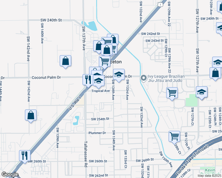 map of restaurants, bars, coffee shops, grocery stores, and more near 25000 Southwest 134th Avenue in Homestead