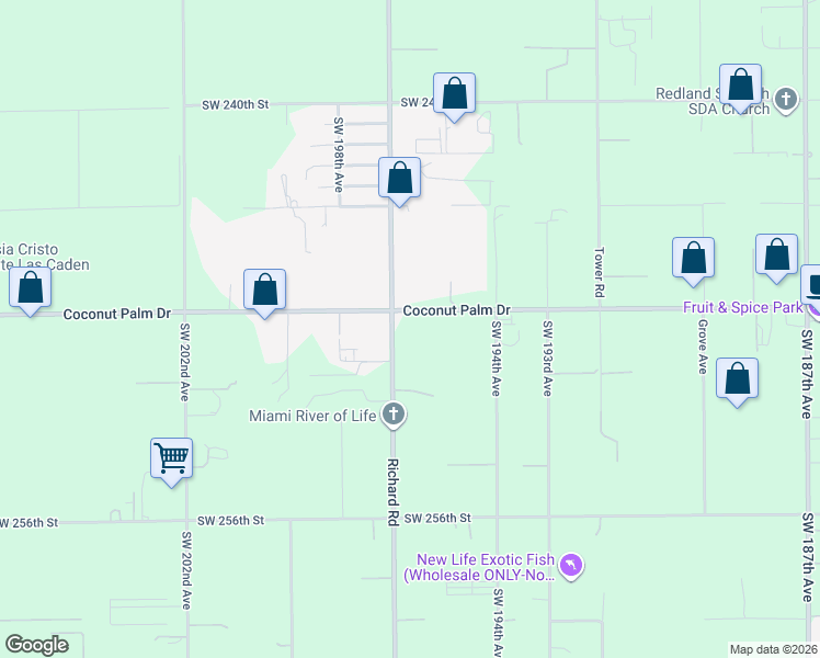 map of restaurants, bars, coffee shops, grocery stores, and more near 19660 Southwest 248th Street in Homestead