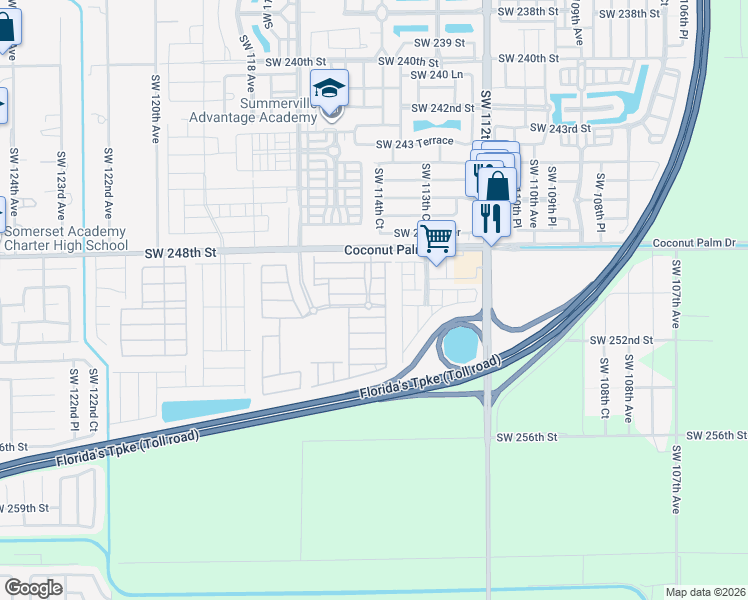 map of restaurants, bars, coffee shops, grocery stores, and more near 11457 Southwest 250th Street in Homestead