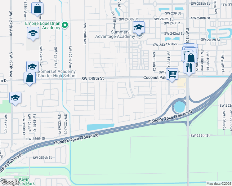 map of restaurants, bars, coffee shops, grocery stores, and more near 25076 Southwest 118th Avenue in Homestead