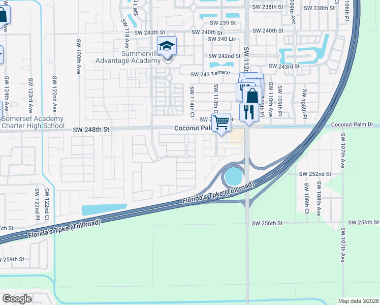 map of restaurants, bars, coffee shops, grocery stores, and more near 11457 Southwest 250th Street in Homestead