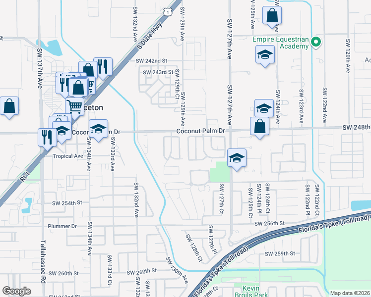 map of restaurants, bars, coffee shops, grocery stores, and more near 25031 Southwest 128th Path in Homestead