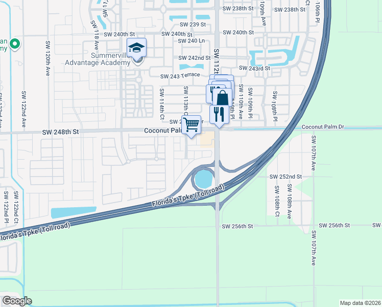map of restaurants, bars, coffee shops, grocery stores, and more near 24847 Southwest 113th Place in Homestead