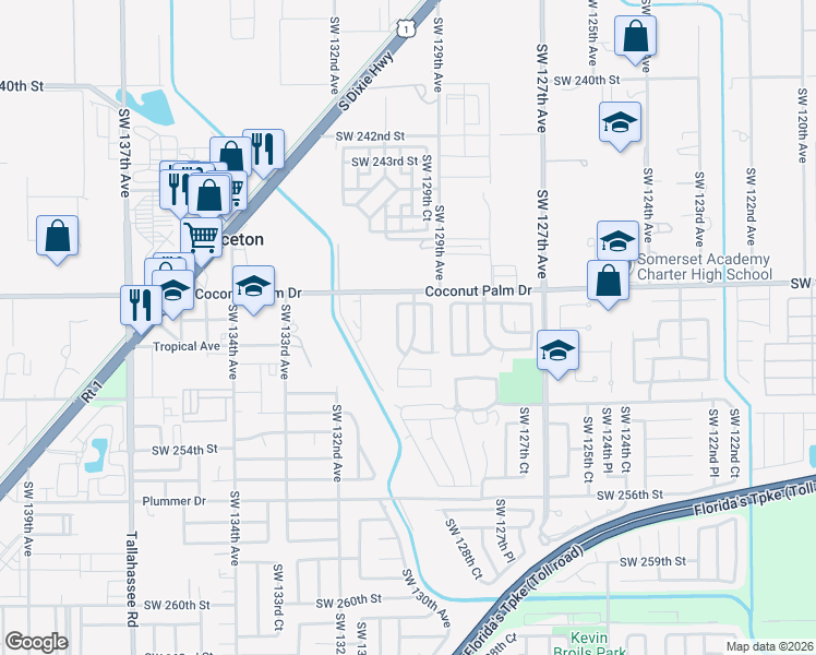 map of restaurants, bars, coffee shops, grocery stores, and more near 12952 Southwest 248th Terrace in Princeton