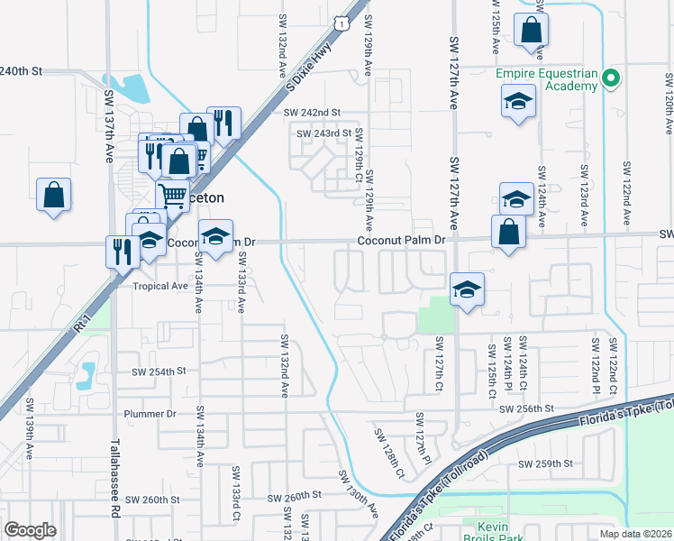 map of restaurants, bars, coffee shops, grocery stores, and more near 12952 Southwest 248th Terrace in Princeton