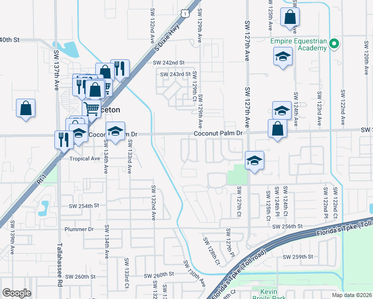 map of restaurants, bars, coffee shops, grocery stores, and more near 12952 Southwest 248th Terrace in Princeton