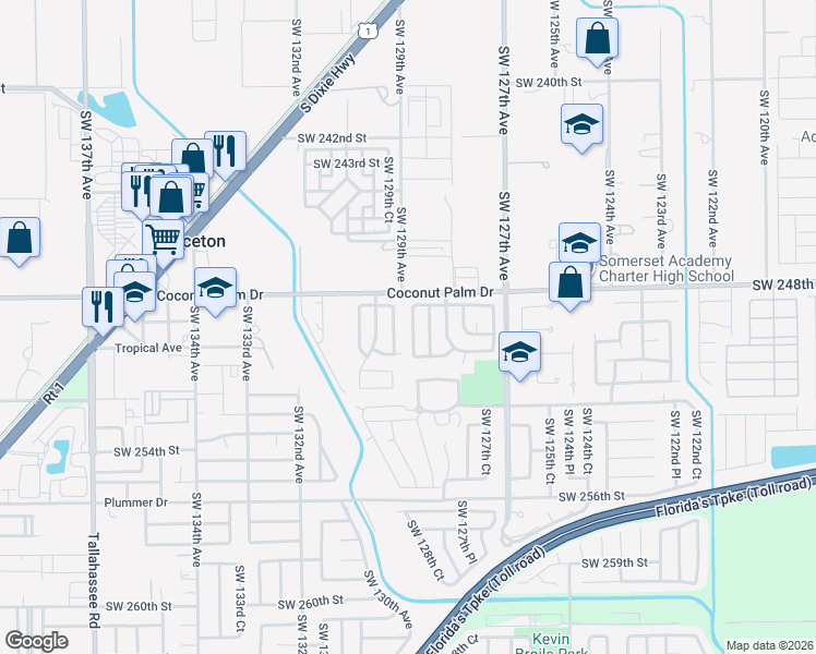 map of restaurants, bars, coffee shops, grocery stores, and more near 24831 Southwest 128th Path in Homestead