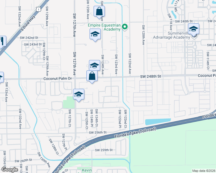 map of restaurants, bars, coffee shops, grocery stores, and more near 12320 Southwest 249th Street in Homestead