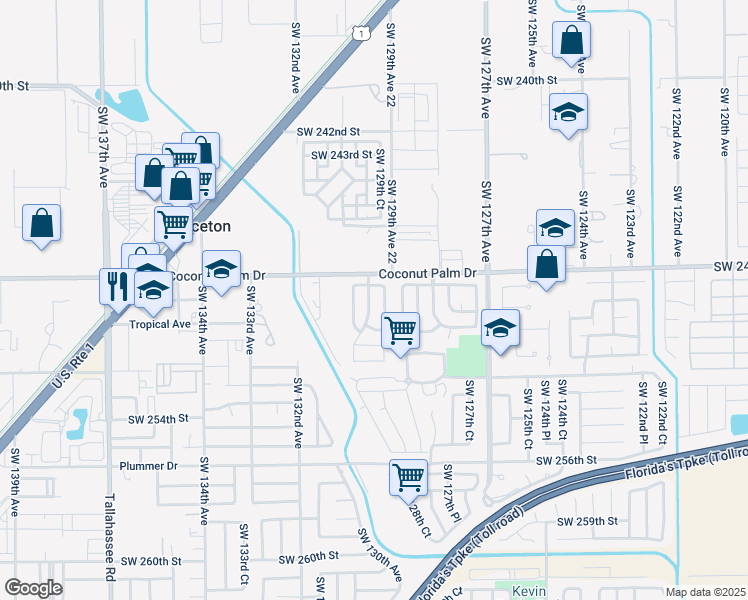 map of restaurants, bars, coffee shops, grocery stores, and more near 12952 Southwest 248th Terrace in Princeton