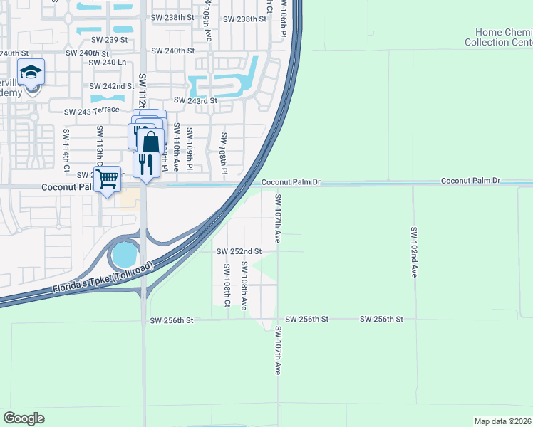 map of restaurants, bars, coffee shops, grocery stores, and more near 24942 Southwest 107th Avenue in Homestead