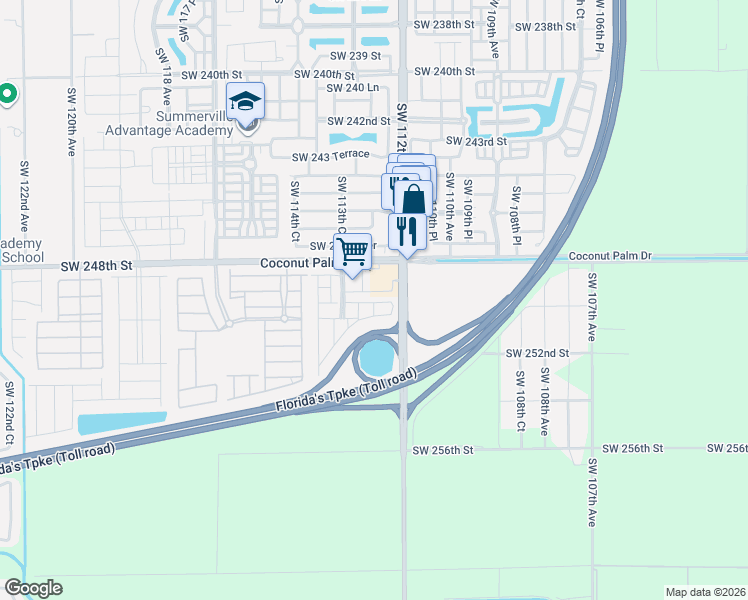 map of restaurants, bars, coffee shops, grocery stores, and more near 11205 Southwest 249th Street in Princeton