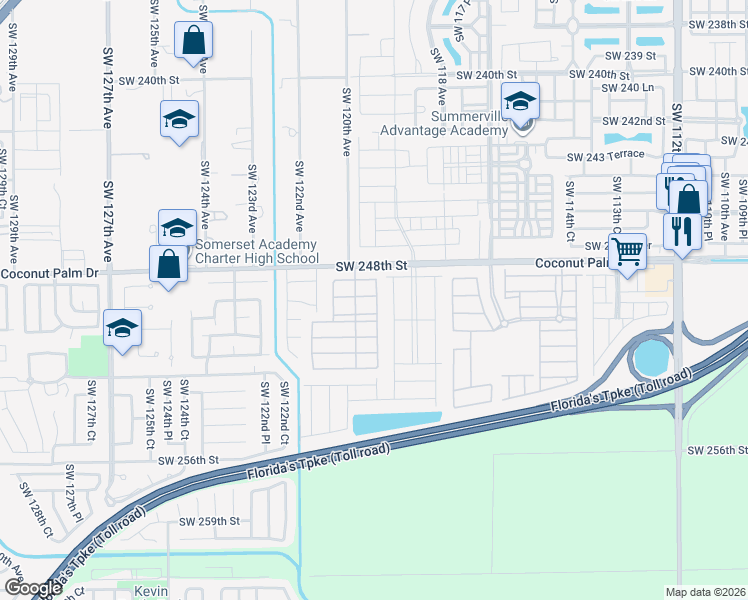 map of restaurants, bars, coffee shops, grocery stores, and more near 12071 Southwest 249th Street in Homestead